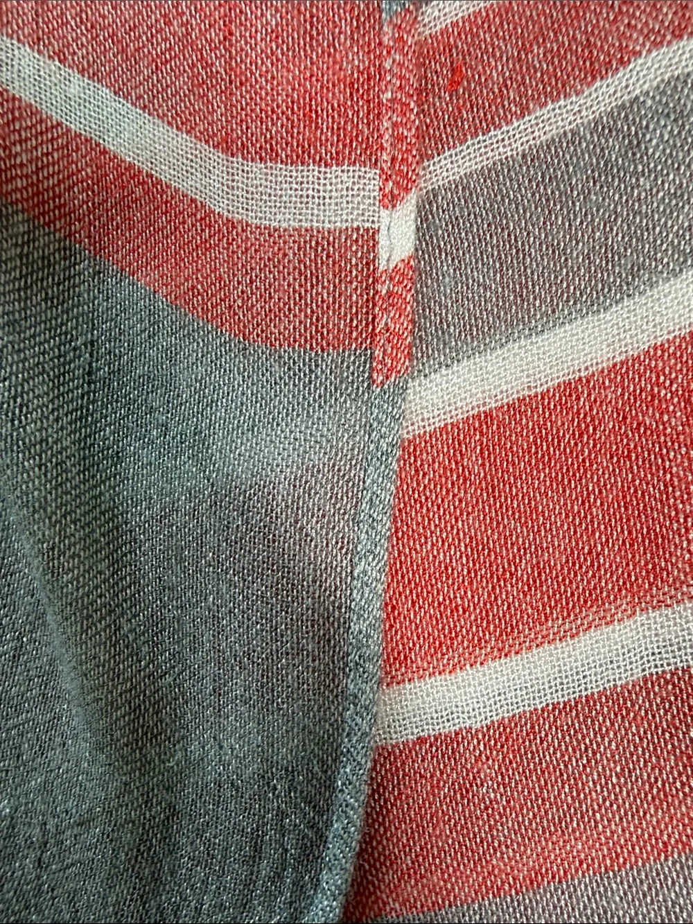 Striped cotton scarf gray, red, and white with fringe beachy, coastal, preppy